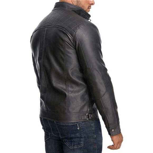 Men’s Stand Collar Leather Jacket Casual Faux Leather Motorcycle - Picture 4 of 7